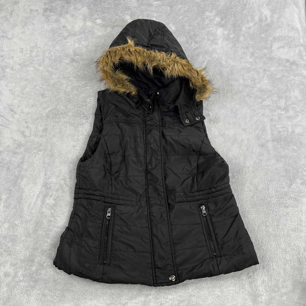 American Rag Faux Fur Hood Puffer Vest Womens L Black Quilted Zip Sleeveless